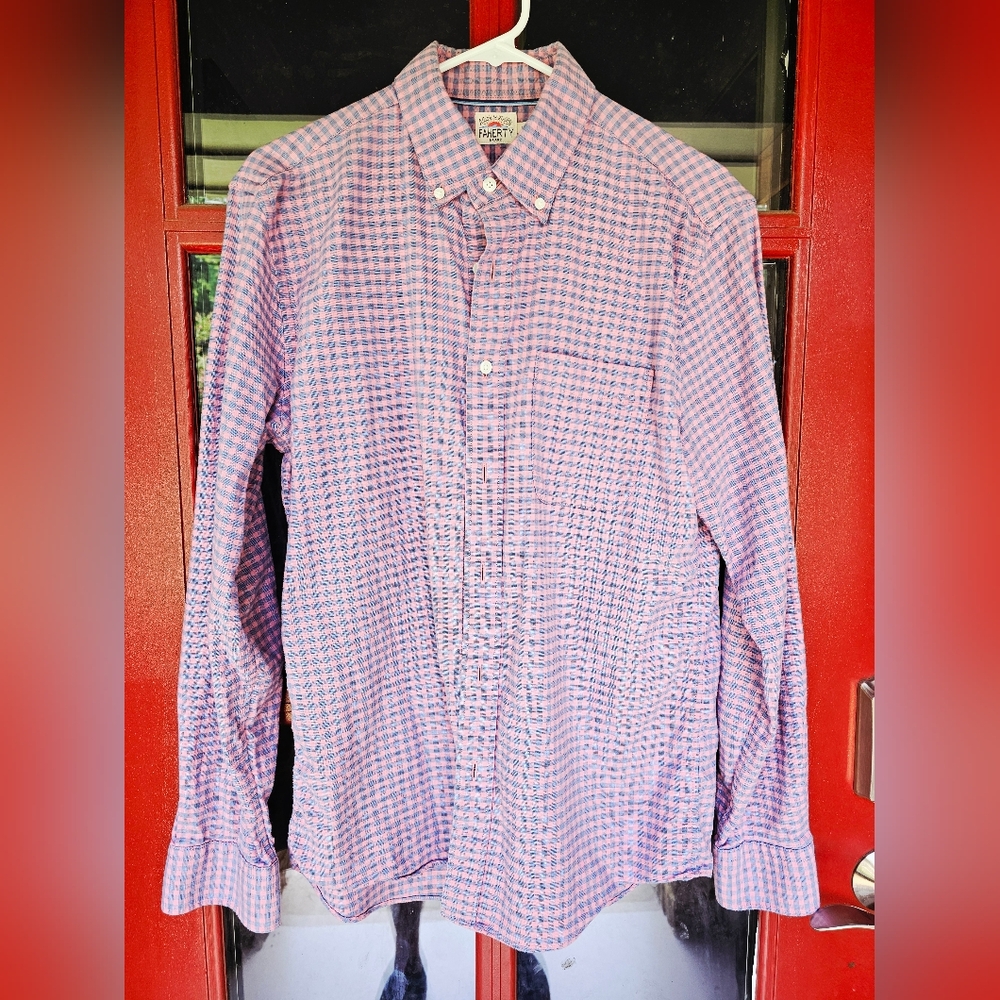 Faherty Men's Casual Pink and Blue Plaid Shirt
